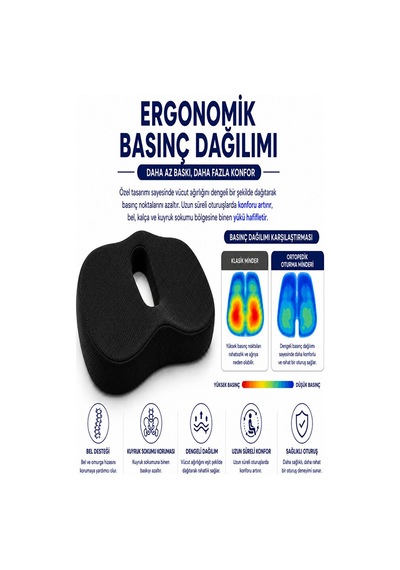 Ortopedik Oturma Minderi Kuyruk Sokumu Destek Minderi Uzun Süreli Oturuşlar İçin Ergonomik Ofis Ve Siyah