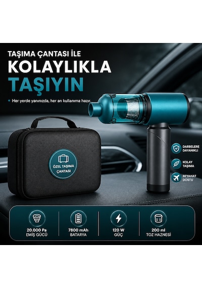 20.000 Pa Kablosuz Araç Süpürgesi 120w Güçlü Emiş 7800 Mah Şarjlı El Süpürgesi 8 Başlıklı Hepa Filtreli Mini Vakum Mavi
