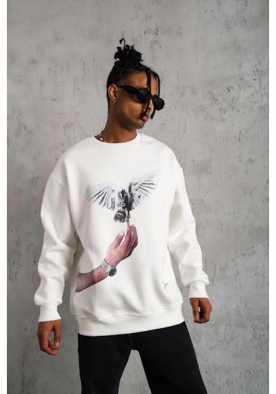 Erkek Güvercin Baskılı 3 İplik Pamuklu Bisiklet Yaka Sweatshirt - Beyaz