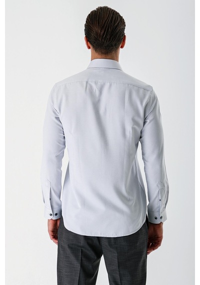 İmza Gri Uzun Kollu Desenli Armürlü Sert Yaka Cepsiz Pamuklu Slim Fit Dar Kesim Gömlek 1004235171-gri Gri