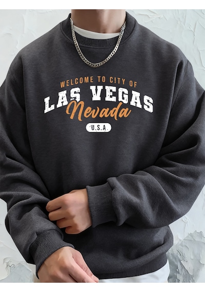 Startmore Startmorelas Vegas'e Hoş Geldiniz Nevada Baskılı Erkek Sweatshirtleri Kışlık Polar Sıcak Kapüşonlu Üst Antrasit