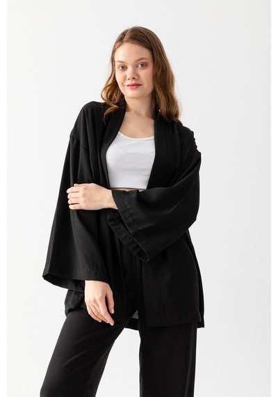 Zen Elegance Kadın Kimono Takım - Geniş Paça Keten Dokulu Alt Üst Yazlık Kadın Takım Siyah Zen Elegance Kadın Kimono Takım - Geniş Paça Keten Dokulu Alt Üst Yazlık Kadın Takım Siyah