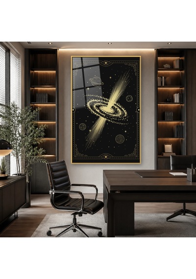Altın Çizgili Sarmal Galaksi Gold Çerçeveli Cam Tablo
