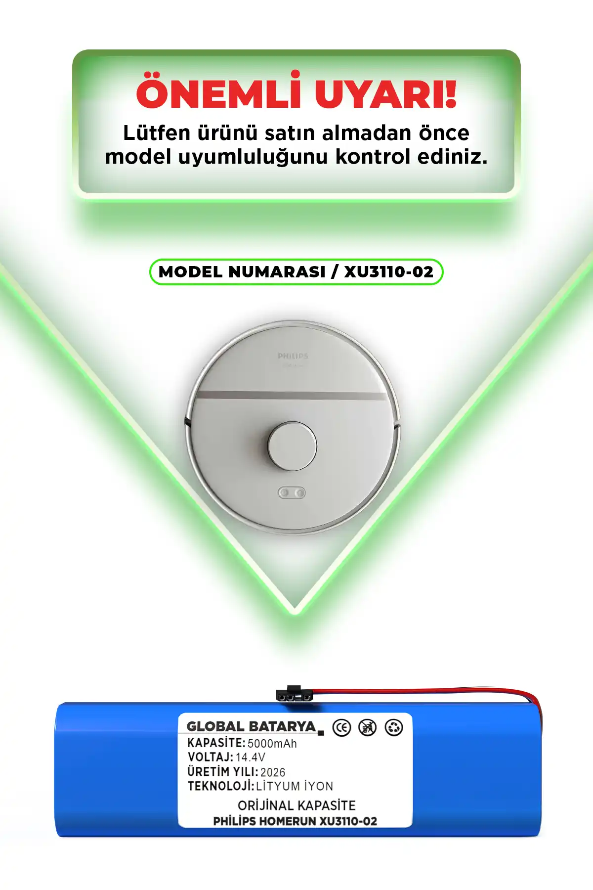 Philips Homerun 3000 Serisi Aqua Xu3110-02 Uyumlu Batarya 14.4v 5000mah Pil  Kapasite