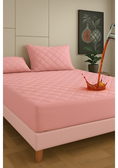 %100 Pamuk Renkli Kapitone Sıvı Geçirmez Alez Çarşaf - Pembe