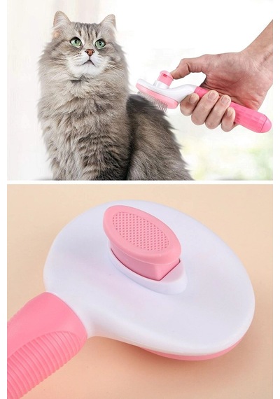 Biishe Kedi Köpek Tüy Toplayıcı Kendini Temizleyebilen Ergonomik Saplı Evcil Hayvan Tarağı Pembe