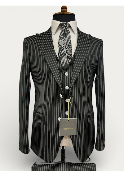 Hermose Sartorial Onyx Siyah Çizgili Yelekli Takım Elbise