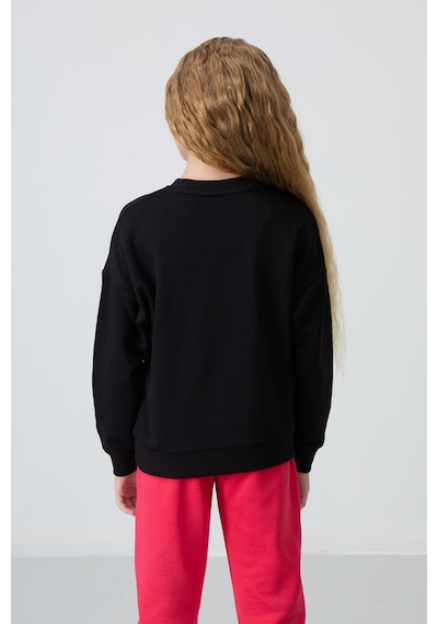 Tommy Life Siyah Pamuklu İçi Tüylü Yumuşak Dokulu Oversize Nakışlı Kız Çocuk Sweatshirt - 75150 Siyah
