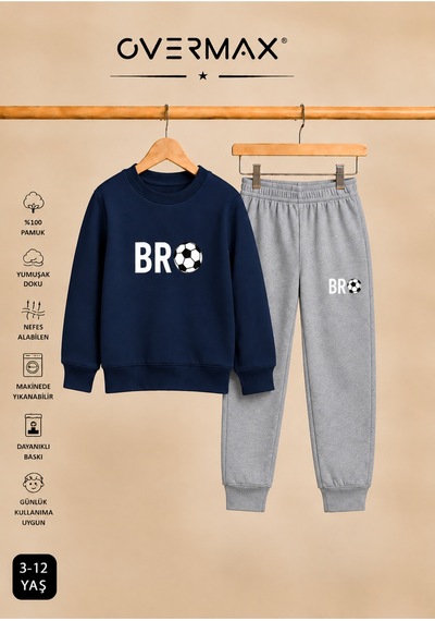 Overmax Çocuk Bro Futbol Baskılı Kapüşonsuz Sweatshirt Eşofman Takımı- 3-12 Yaş Lacivert Üst-gri Alt - 922594887 Lacivert Üst-gri Alt