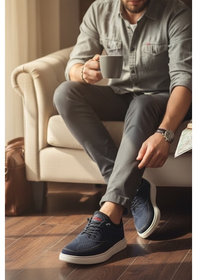 Enoch Hakiki Deri Lazer Kesim Dikişli Erkek Sneaker Ortopedik Taban Lacivert