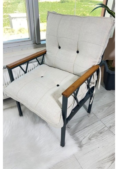 Ard & Garden Modern Tekli Koltuk Krem Fermuarlı Keten Kumaş, Modern Metal Konforlu Bahçe Balkon Mobilyası Krem