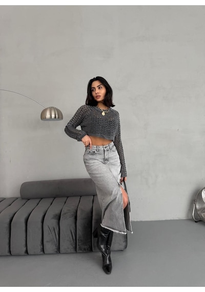 Zeo Basic Kadın Maxi Boy Ön Yırtmaç Detaylı Gri Kot Etek Gri