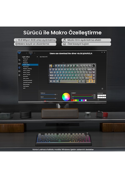 Aula F75 Mekanik Rgb Tkl Reaper Switch Kablosuz Makrolu Hot Swap Klavye Gradyan Gri