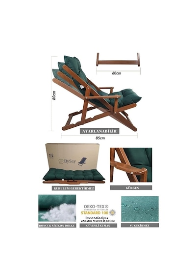 Reyo Puf Minderli Ahşap Kademeli Şezlong Bahçe&balkon&teras&plaj Katlanır Şezlong Ceviz Yeşil Haki