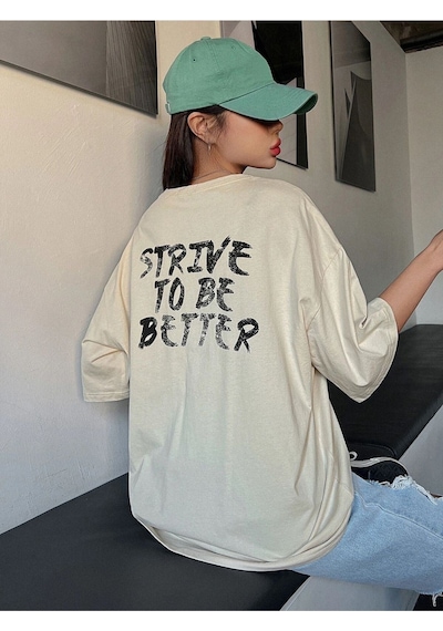 Flood Of Style Kadın Bej Strıve To Be Better Baskılı Oversize Bisiklet Yaka Tişört