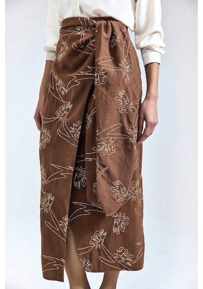 Sateen Nakış Detaylı Uzun Etek - Kahve-137328