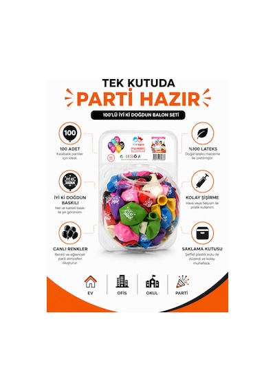 100'lü İyi Ki Doğdun Baskılı Lateks Balon Seti Pompa Hediyeli Plastik Saklama Kutulu Doğum Günü Parti Süsü Çok Renkli