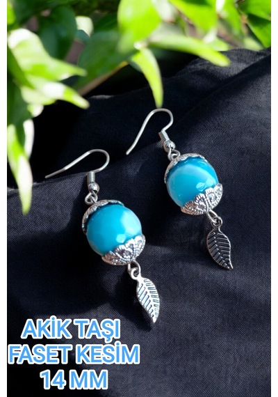 Akik Küpe 14 Mm Faset Kesim Akik Taşı Kğpe 2 Adet 1 Takım Mavi Akik Küpe Sertifikalı Ürün Mavi Mavi