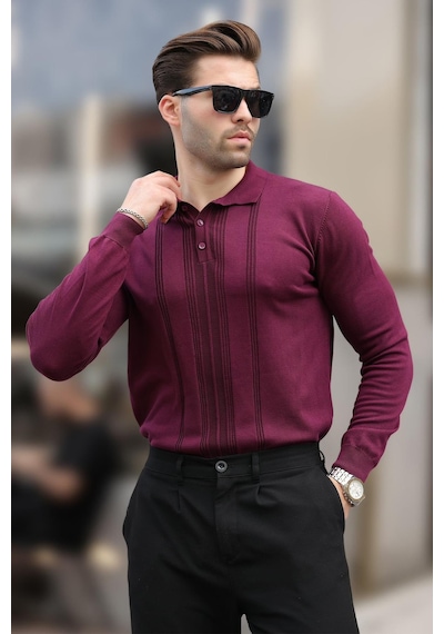 Madmext Mor Polo Yaka Çizgili Erkek Triko Kazak 7265 Mor