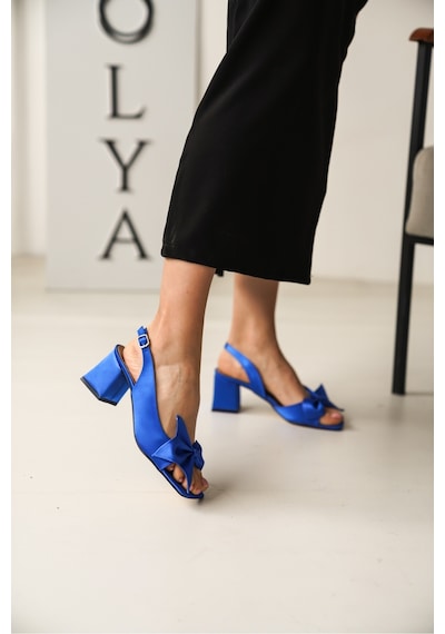 Divolya Ribbo Saks Mavi Saten Fiyonklu 6cm Topuklu Sandalet Saks Mavi