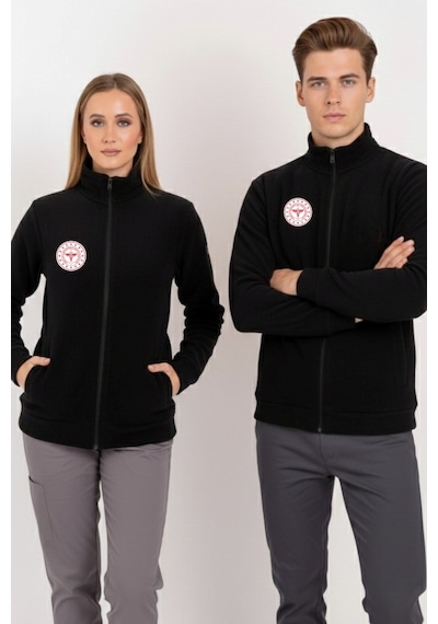 Unisex Siyah Renk Sağlık Bakanlığı Logolu Fermuarlı Polar Siyah