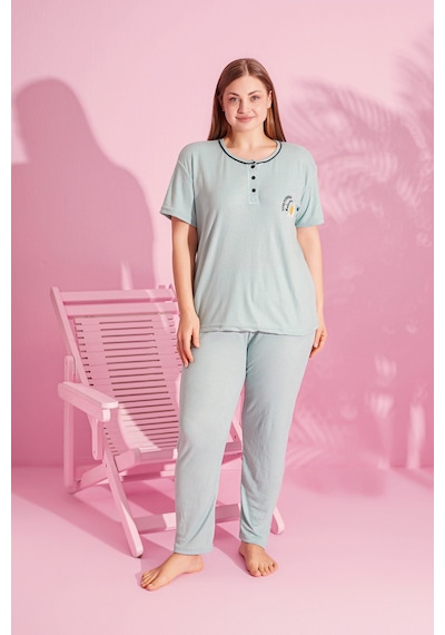 Rindahomewear Büyük Beden Fitilli Kısa Kol Pijama Takımı Haki