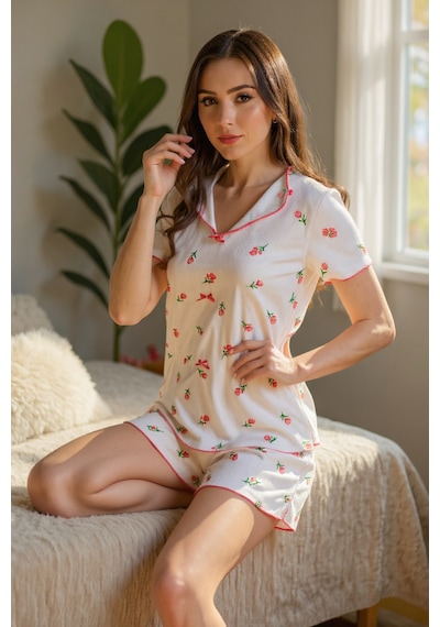 Bella Notte Ekru Çiçek Baskılı Pamuklu Şortlu Pijama Takımı