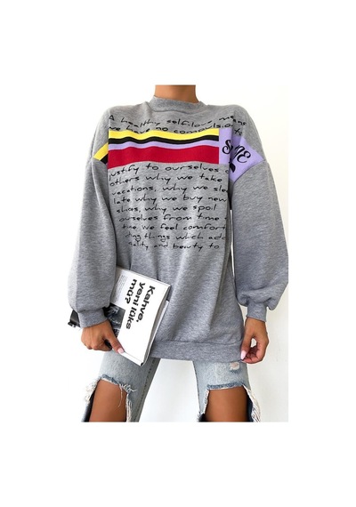 Femelle Yeni Sezon Selfie Baskılı Pamuklu Oversize Sweatshirt Gri