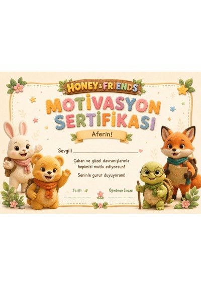 Papelia Honey & Friends Başarı Sertifikası Ilkokul Öğrencileri Için Motivasyon Sertifikası