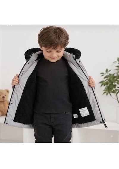 Erkek Çocuk Çıkarılabilir Kapüşonlu Şişme Mont Kaban İçi Yünlü Gri