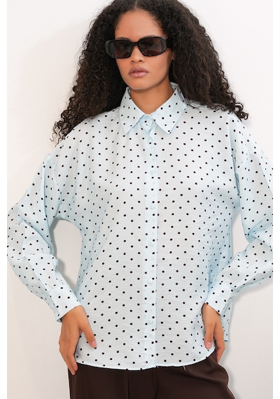 Bigdart Kadın Oversize Puantiyeli Gömlek 20392 - Mavi Mavı