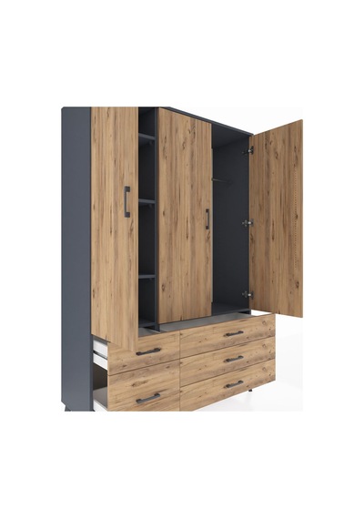 Hyperion Dolap 5 Raflı 5 Çekmeceli Tek Askılı 132x44x195 Antrasit-çam/çam Atlas Çam/atlas Çam