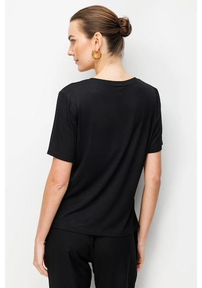 Desen Triko V Yaka Önü Pul Payet İşlemeli Penye Kadın T-shirt 26838 Siyah