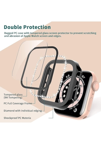 Apple Uyumlu  Watch  44mm Ekran Koruyuculu Tek Sıra Kenar Taşlı Sert Pc Kasa Koruyucu
