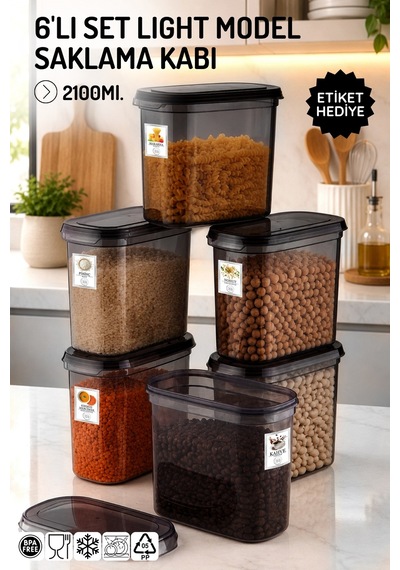 2,1lt. Etiketli Light Model 6'lı Set Saklama Kabı - 2,1lt. Antrasit