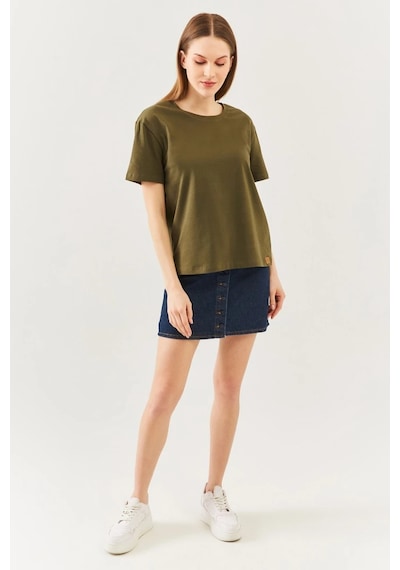 Kadın Rahat %100 Pamuklu Penye Bisiklet Yaka Kısa Kol Basic T-shirt Haki