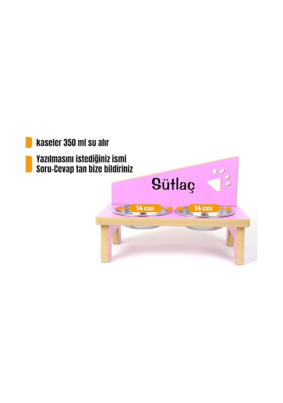 Ahşap Çelik Kâseli Özel Isim Baskılı Kedi- Küçük Irk Köpek Mama Ve Su Kabı-pembe-2 350 Ml.