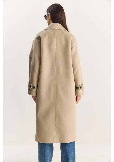 Shade Kadın Kruvaze Yaka Astarlı Oversize Uzun Kaşe Kaban 3509 60283849 - Bej