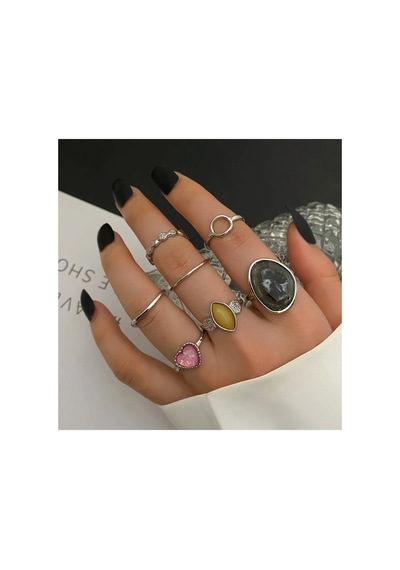 Passion Silver Gümüş Renkli Siyah Taşlı Vintage Bohem 6 Parça 6'lı Yüzük Seti