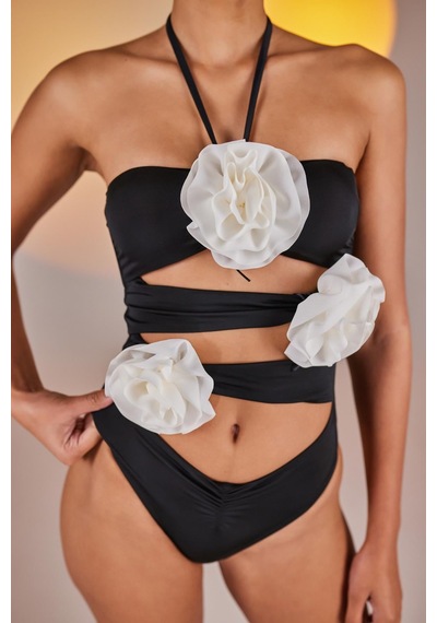 Holly Lolly Çıkarılabilir Çiçek Detaylı Cutout Kesim Premium Swagger Mayo Siyah