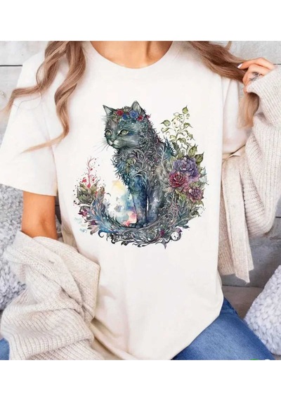 Panda Baskı Tekstil Çiçek Kedi Baskılı Özel Tasarım Oversize Tshirt Beyaz