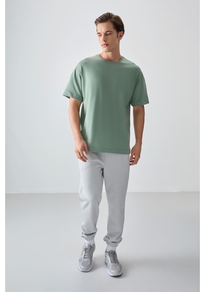 Air Jones Açık Yeşil %100 Pamuk Kalın Yumuşak Dokulu Oversize Fit Basic Erkek T-shirt - 88353 Camel