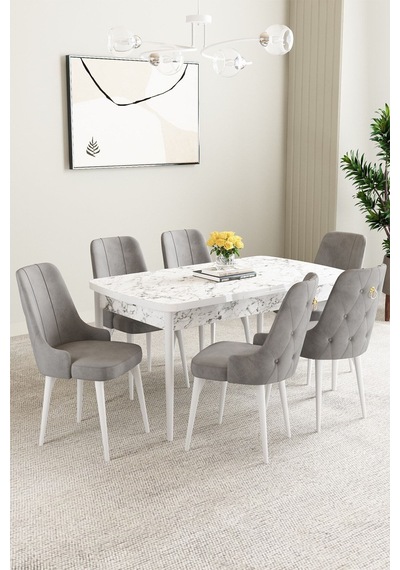 Clara Beyaz Mermer Desen 80x132 Açılabilir Mdf Masa Yemek Odası Takımı,mutfak Takımı 6 Adet Sandalye Gri Clara Beyaz Mermer Desen 80x132 Açılabilir Mdf Masa Yemek Odası Takımı,mutfak Takımı 6 Adet Sandalye Gri
