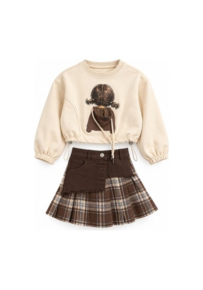 Zekids Kız Çocuk Baskılı Sweatshirt Ve Ekose Şort Etekli Takımı-17598 Çok Renkli