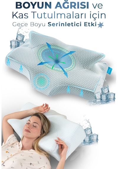 Nox Ice Serinletici Kılıflı Visco Soğuk Boyun Destekli Ortopedik Visco Yastık - Rahat Uyku Ve Güzellik Yastığı 64x38x12,5 Cm Mavi
