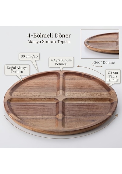 4 Bölmeli 360 Dönerli Akasya Ahşap Sunum Tabağı, 30 Cm Çap, 2,2 Cm Kalınlık, Yuvarlak Servis Tepsisi, Peynir, Kuruyemiş Ve Atıştırmalık İçin, 1 Adet