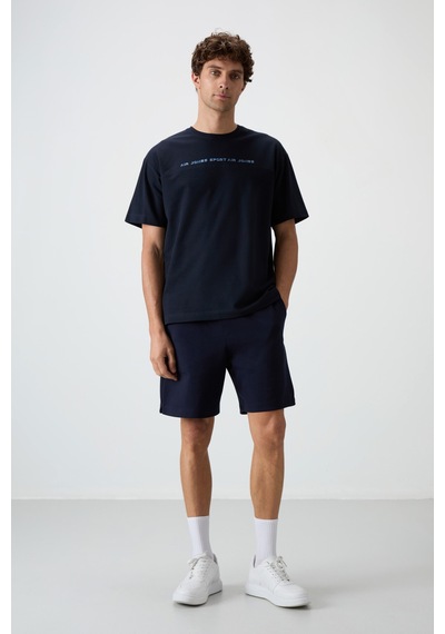 Air Jones Tommy Life Lacivert Pamuklu Kalın Yüzeyi Dokulu Oversize Fit Baskılı Erkek T-shirt - 88371 Lacivert