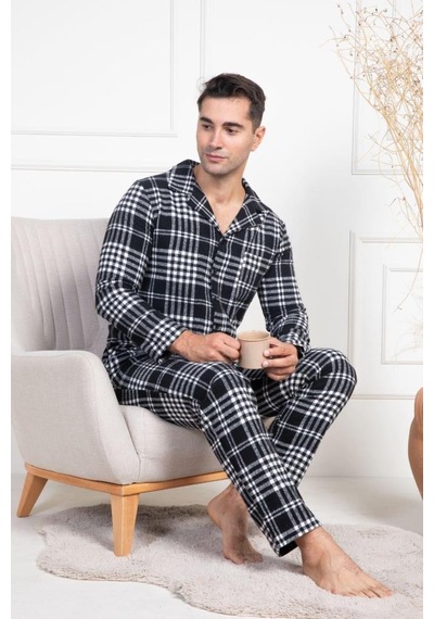 Mecit Pijama Mecit 2950 Erkek Beyaz Ekoseli Büyük Beden Kışlık Pijama Takımı Beyaz