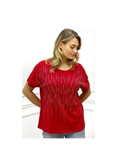 Rich Glam Bol Kesim Bisiklet Yaka Büyük Beden Crystal Taşlı Kadın T-shirt Kırmızı