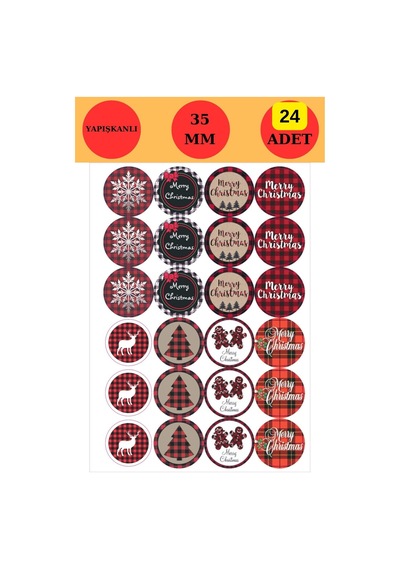 24 Adet - Ekoseli Yılbaşı Sticker - Ekose Sticker - Yılbaşı Hediyesi - Yılbaşı Süsleri - Paketleme Sticker Çok Renkli